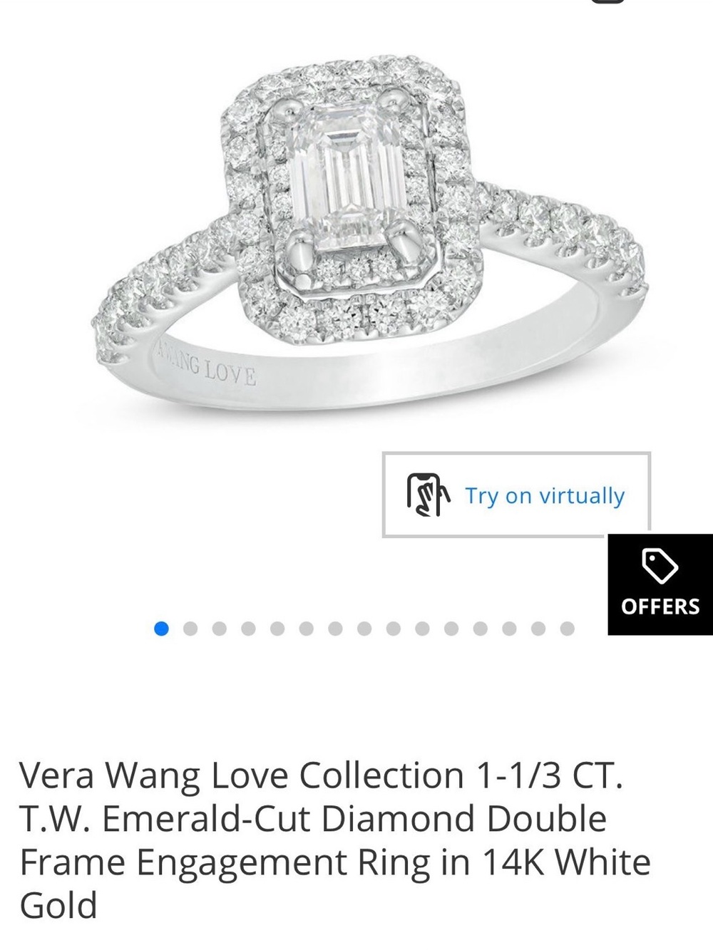 Vera Wang Love Collection 1-1/3 CT emerald cut diamond Engagement Ring